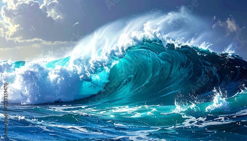 Spectacular capture of a towering turquoise wave cresting against a partly cloudy azure sky