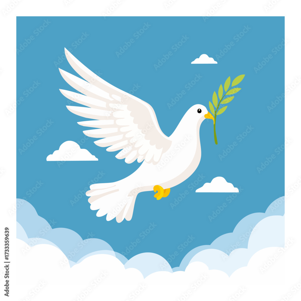 Fototapeta premium A white dove flies in a blue sky, carrying an olive branch, symbolizing peace and hope.