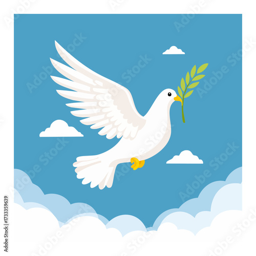 A white dove flies in a blue sky, carrying an olive branch, symbolizing peace and hope.