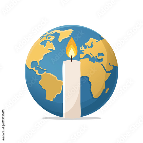 A white candle with a bright flame stands in front of a globe depicting continents, symbolizing hope or remembrance.