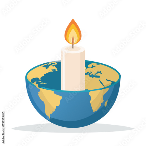 Illustration of a candle placed inside a halved globe, symbolizing hope and environmental awareness.