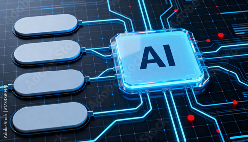 Ultra-detailed 3D render of a glowing blue AI chip at the center of a circuit board. 