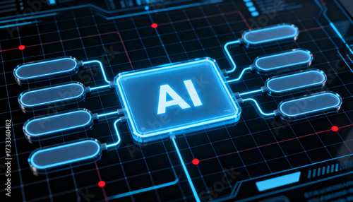 Ultra-detailed 3D render of a glowing blue AI chip at the center of a circuit board. 