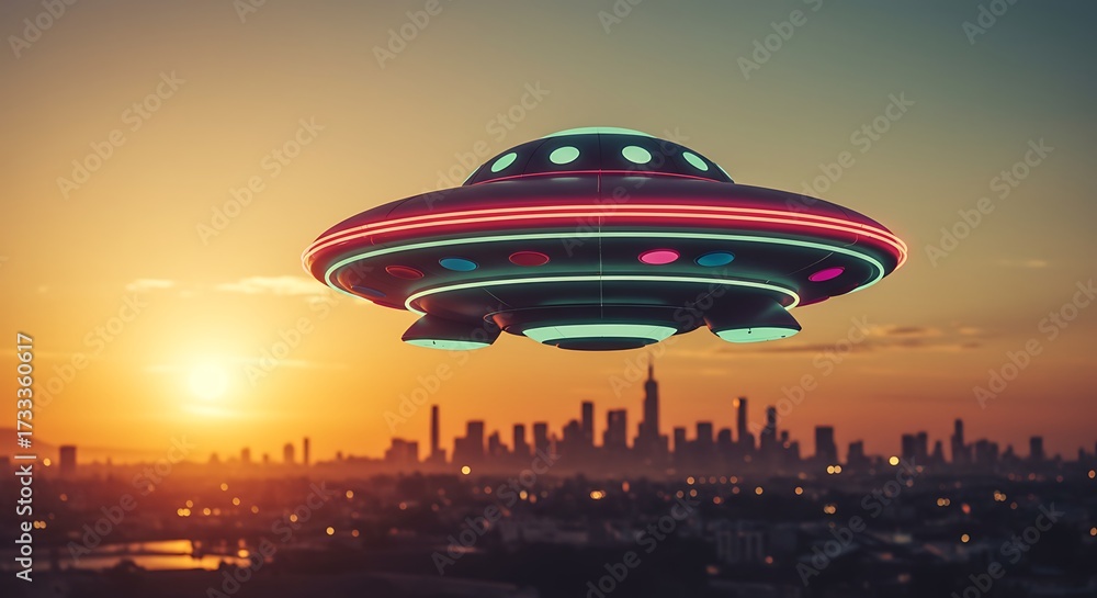 Fototapeta premium Ufo flying over city skyline at sunset with glowing lights