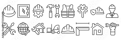 A collection of mining icons. With a line style and transparent background. Field work and teamwork icons. Vector Illustration