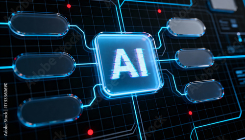 Ultra-detailed 3D render of a glowing blue AI chip at the center of a circuit board. 