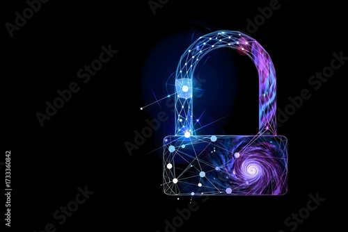 Digital padlock with a swirling galaxy design and connected nodes on a black background