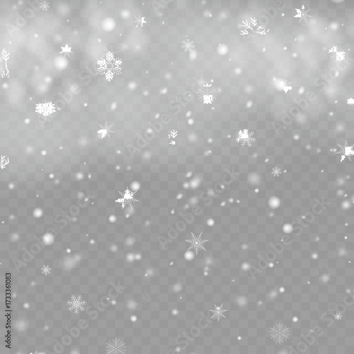 Realistic falling snow and snowflakes overlay effect for winter design. Vector illustration