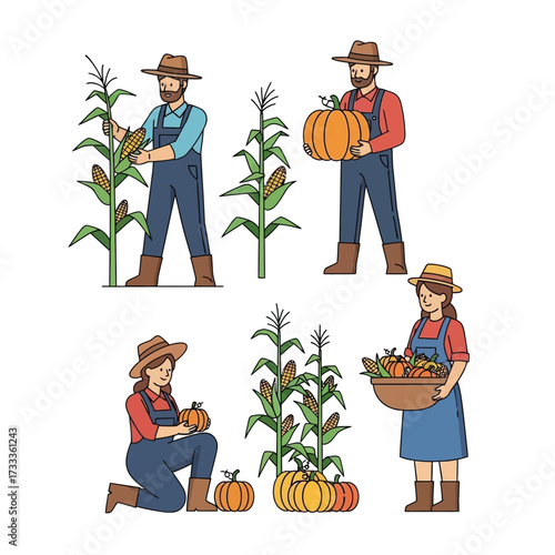 Farmers harvesting corn and pumpkins. One man holds a pumpkin, another picks corn, a woman holds a pumpkin, and another holds a basket of vegetables.