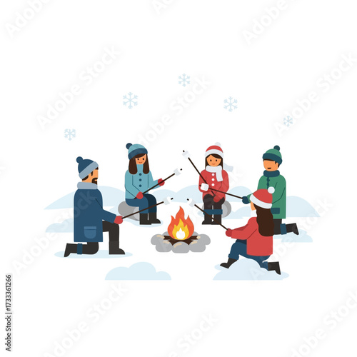 Family and friends gathered around a campfire in the snow, roasting marshmallows on sticks during the winter season.