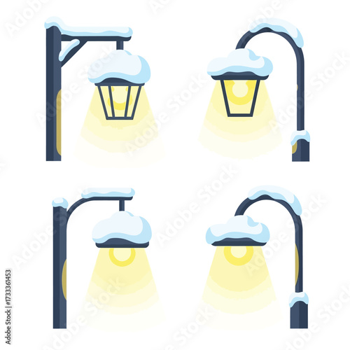 Four stylized streetlights are depicted with snow on top, emitting a warm yellow glow on a white background.