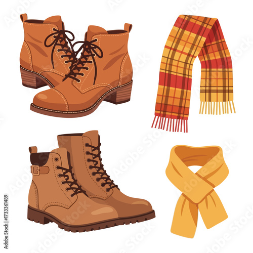 Illustration of two pairs of brown boots and two scarves, one plaid and one solid yellow.