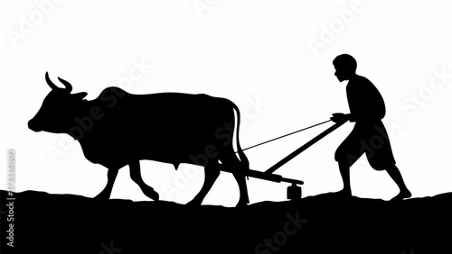 Traditional farming scene featuring silhouette of farmer plowing field with ox, timeless agricultural heritage