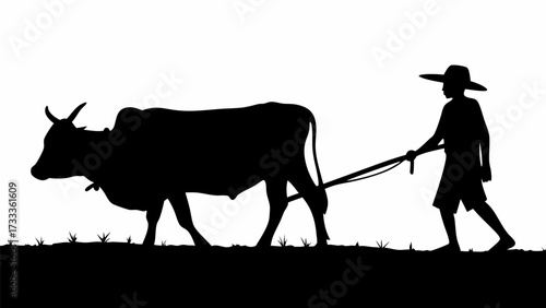 Classic rural scene showcasing farmer plowing field with ox, symbol of traditional agriculture