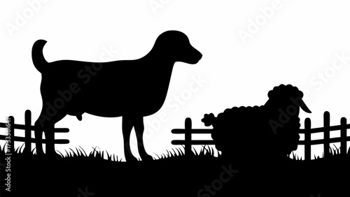Silhouette sheep grazing peacefully behind a rustic fence, creating a pastoral farm scene, agricultural landscape