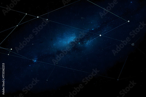 A dark blue cosmic background with faint nebulae and white geometric lines and the word universe