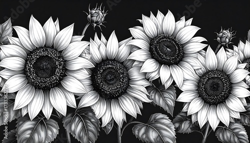Black and white detailed sunflower illustration