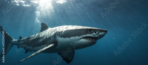 Dramatic underwater photo of a great white shark swimming with open mouth, surrounded by small fish in deep blue ocean.