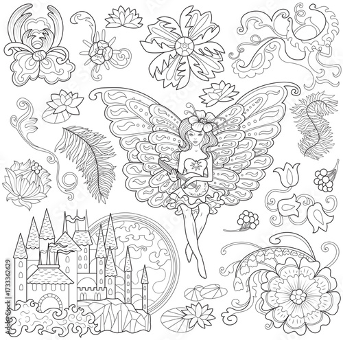 Monochrome fantasy design set of beautiful fairy Elf girl, castle, flowers, floral elements. Vector line art illustrations for clipart, stickers, coloring book isolated on white background. 
