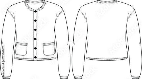 Technical fashion sketch of button-up cardigan with round neckline, ribbed trim, patch pockets, and structured cuffs for design construction use