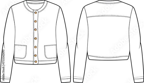 Technical fashion sketch of button-up cardigan with round neckline, patch pockets, yoke detail, and structured cuffs for design construction use