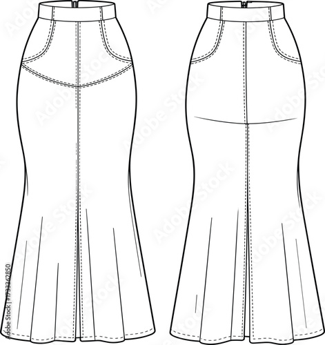 Technical fashion sketch of flared skirt with paneled construction, contoured seams, topstitching, and center back zipper for design use