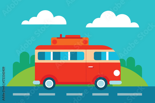 Red Camper Van on Road with Luggage, Clouds and Turquoise Sky Illustration