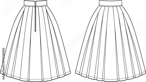 Technical fashion sketch of pleated skirt with structured waistband, stitched hem, and center back zipper for garment construction design use
