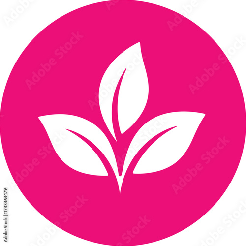 Illustration of white plant sprout icon on pink circle isolated on white background