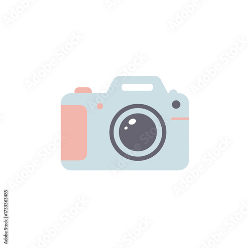 A light blue and pink simple camera icon against a white background