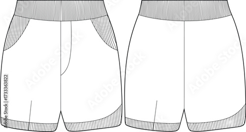 Technical fashion sketch of ribbed-waist shorts with side pockets, center seam, and textured hem for garment construction design use