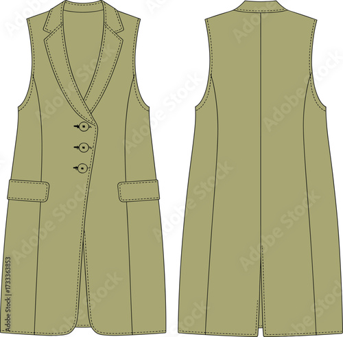 Technical fashion sketch of sleeveless vest coat with notched lapel, flap pockets, princess seams, and back vent for design use
