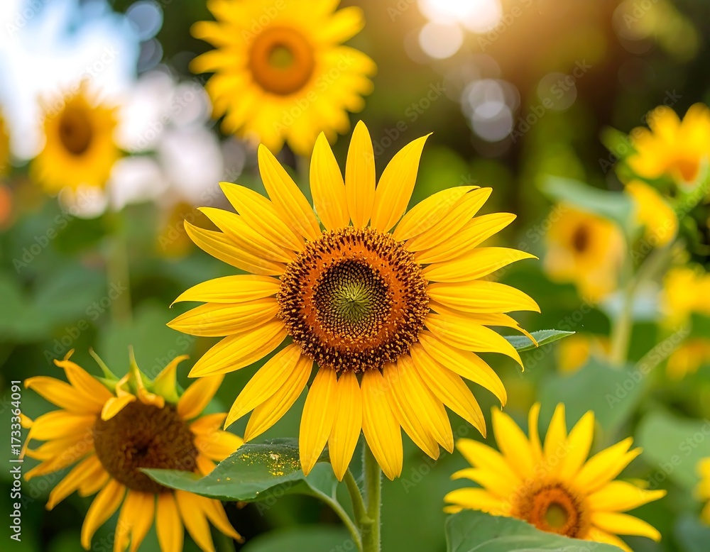 Obraz premium Vibrant yellow sunflowers in a field, sunlit and in focus, with blurred background
