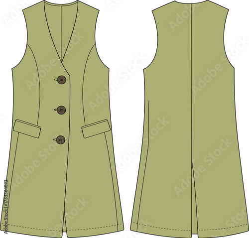 Technical fashion sketch of sleeveless vest with V-neckline, flap pockets, button front, and back vent for garment construction use