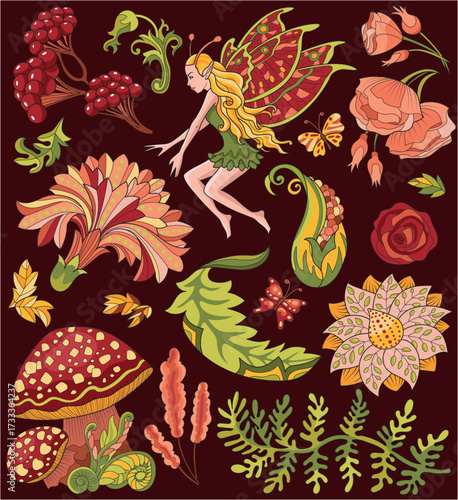 Colorful design set with fantasy cartoon elements of princess fairy girl, mushrooms, flowers, forest plants and herbs. Vector line art doodle illustrations for clipart, stickers, cards. 