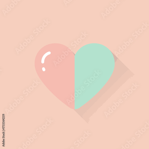 A modern two-tone heart graphic in pastel pink and mint green. This minimalist flat design icon features a glossy highlight and a long shadow, symbolizing love and affection