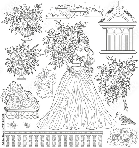 Monochrome fantasy design set with beautiful princess, flowers, castle, floral elements. Vector line art illustrations for clipart, stickers, coloring book isolated on white background. 