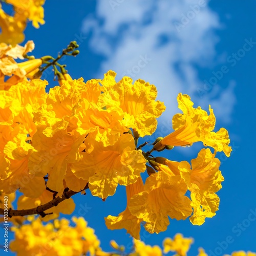 Vibrant yellow flowers against a bright blue sky