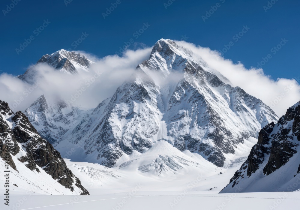 Fototapeta premium Majestic snowcapped mountain peaks shrouded in clouds under a clear blue sky