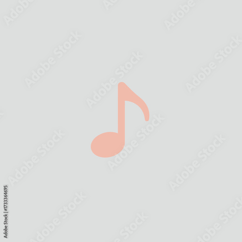 Isolated vector graphic of a simple pink musical note on a gray background. This minimalist symbol represents melody, rhythm, and harmony in a clean design concept
