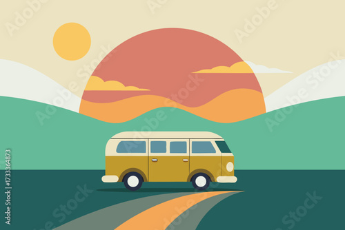 Retro Yellow Van Illustration with Sunset, Hills, and Winding Road Aesthetic