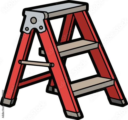 Red and Gray Step Ladder with Three Steps and Black Outlines