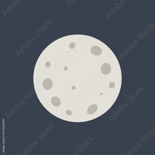 Simple flat vector illustration of a full moon with craters against a dark night sky. Minimalist cartoon celestial body icon for space and astronomy themes