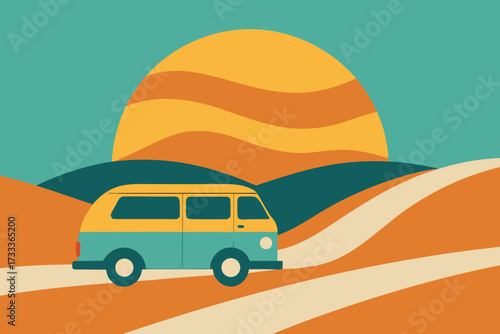 Retro Van Road Trip Teal and Yellow Vehicle Under Sunny Skies Illustration
