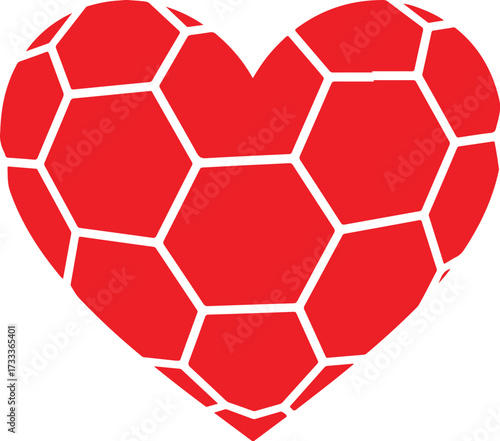 Illustration of red heart with soccer ball pattern isolated on white background