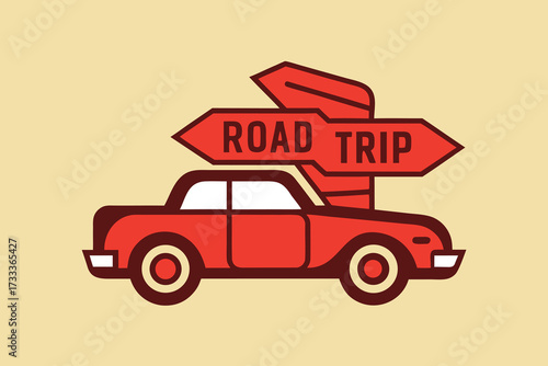 Stylized Red Car with Road Trip Signpost on Tan Background, Travel Adventure