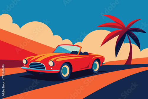 Stylized Red Convertible Car, Palm Tree, and Colorful Sky Illustration Design