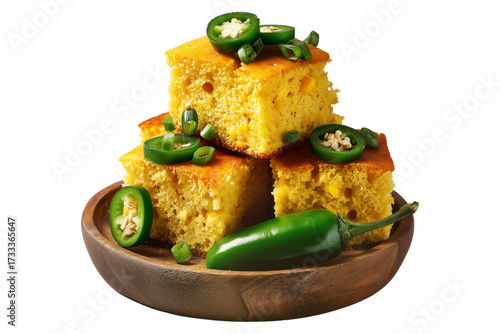 Spicy cornbread squares with fresh jalapeno slices on wooden plate, isolated on white transparent background, concept of rustic homemade food