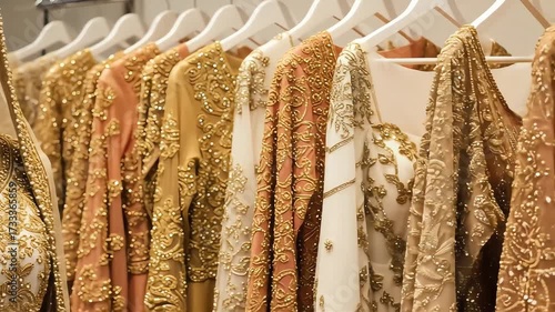 Elegant Pan Across a Glittering Collection of Ornate South Asian Bridal Gowns with Gold Embroidery.