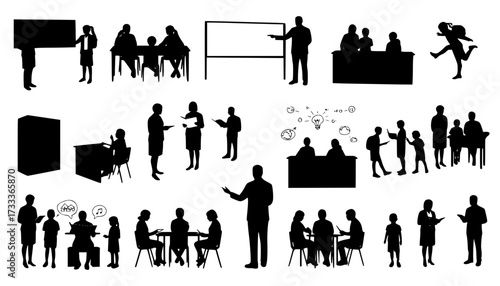 Set of teacher and student silhouette interactions, educational concept vector with children and adults in various learning scenes	